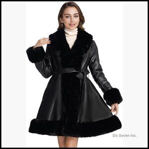 Faux Fur Leather Jacket Women Winter Coat Pea Coat Trench Style